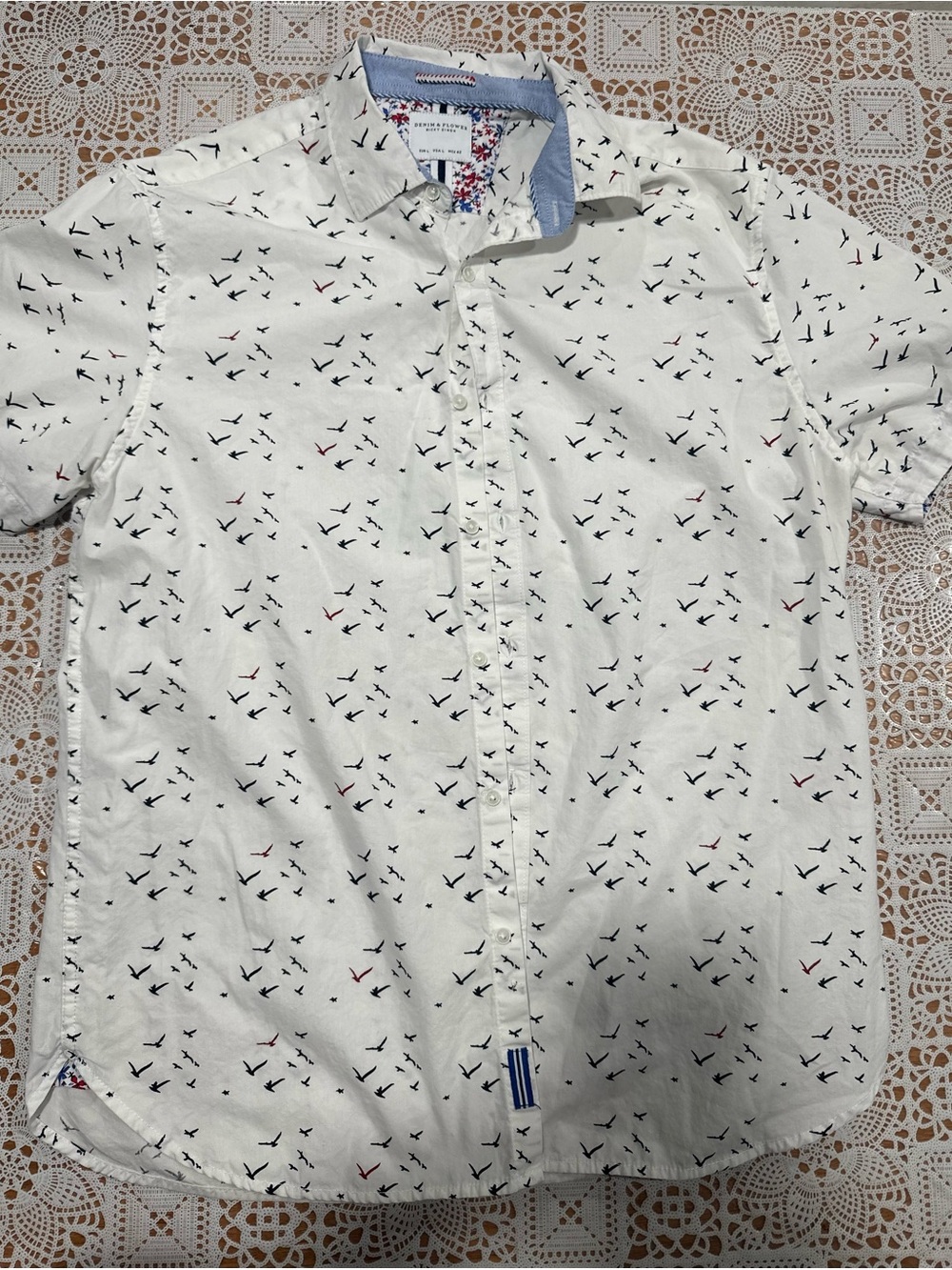 Denim & Flower Ricky Singh Bird Print Button Down Shirt Men’s Large White
